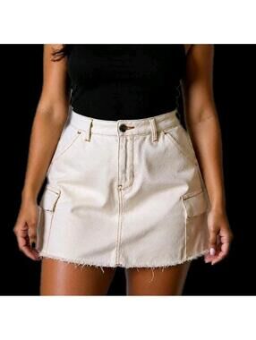 Hollister Women Y2k Cargo Mini Skirt Fringe Beige Cream  Feminine Sz 0